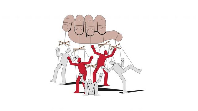 Puppeteer hand controlling opposing groups 2D animation. Puppet master manipulating red and white puppet figures strings animated cartoon arm human body part 4K video isolated on white transparent