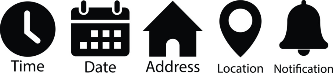 Time, date and address black flat icons set. Event calendar reminder clock business schedule signs, location pin symbol, place pointer time map elements vectors isolated on transparent background.