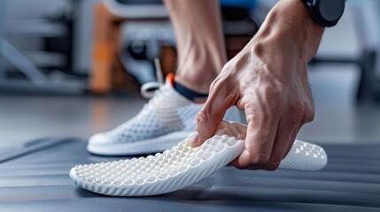 Man fitting insole into shoe, highlighting the importance of proper footwear and orthotic care
