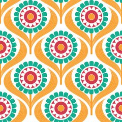 Retro floral pattern with repeating flower motifs. Ideal for textiles, wallpaper, packaging, and digital designs.	
