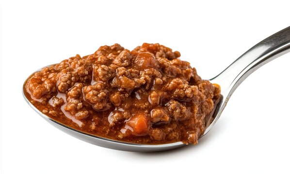 Savory Ground Meat Dish in Spoon with Rich Sauce and Vegetables on White Background Ideal for Comfort Food and Culinary Themes