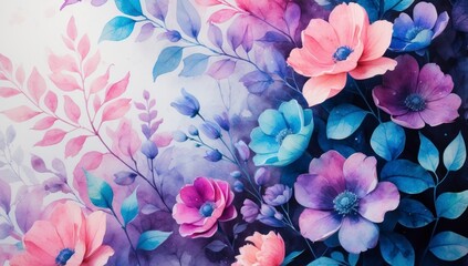 Obraz premium Stunning Watercolor Floral Art Print Pastel Pink Blue Purple Flowers