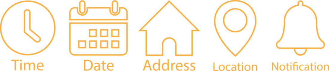 Fototapeta premium Time, date and address yellow line icons set. Event calendar reminder clock business schedule signs, location pin symbols, place pointer time map elements vectors isolated on transparent background.