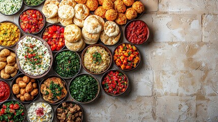 Fototapeta premium Traditional Middle Eastern snacks and spices arranged on a textured stone surface creating a rich and immersive cultural food experience