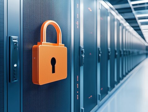 Large orange padlock secured on a dark-blue server rack in a long row of similar racks representing enhanced security measures for data centers - Powered by Adobe