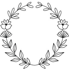 Minimalist Black Outline Flower and Leaf Wreath, HandDrawn Botanical Design