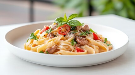 Creamy pasta dish with tender meat and fresh vegetables