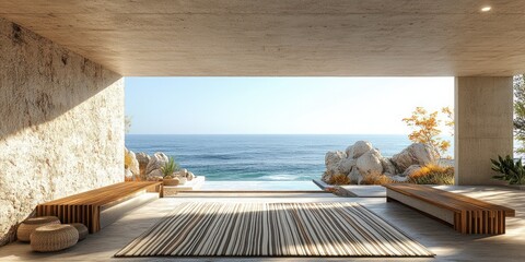 Coastal Terrace with Ocean View and Modern Scandinavian Design Featuring Wooden Benches and Striped Rug