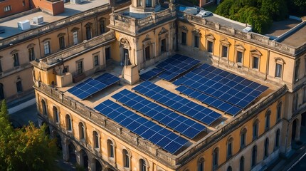 Fototapeta premium Historic building features solar panels addressing climate change efforts