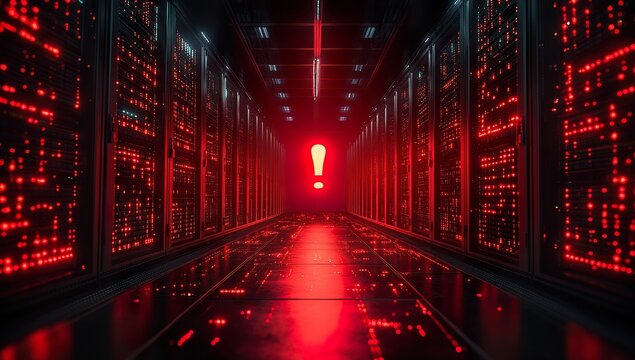 Red exclamation mark sign on a digital background of a server rack in a data center, warning about a system attack or bug with a cloud technology concept.
