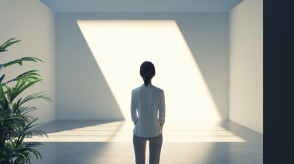 Obraz premium A businesswoman presenting a startup growth plan, face on camera in a modern minimalist room. 8k 