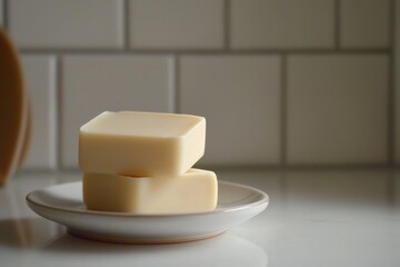 Soft Solid Lotion Bars Stacked on Ceramic Plate with Warm Lighting