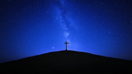 Fototapeta premium Silhouette Cross atop Hill Under Starry Night Sky
