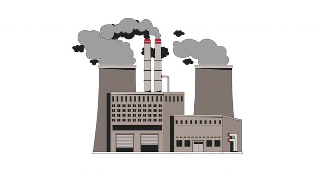 Industrial factory with smoke pollution 2D cartoon object animation. CO2 environment. Manufacturing plant with smokestacks carbon emissions animated flat colorful item 4K video isolated on white
