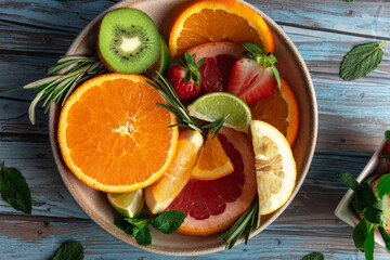 Close-up view of a bowl with citrus fruits like orange, lemon, lime with kiwi and strawberries. Rustic styling on blue wooden background. Concept of wellness, natural food and energy