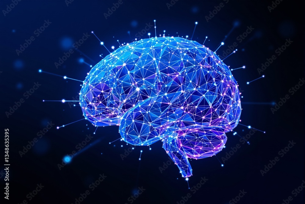 Poster futuristic digital brain with glowing neural network connections.