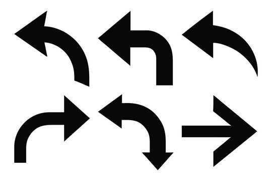 Directional Arrows Icons Set Black Navigation Signs, Right, Left, Curving, Up, and Back