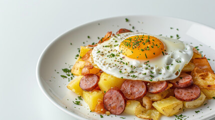 Rakott Krumpli on a black background, showcasing layers of potatoes, sausage, eggs, and sour cream
