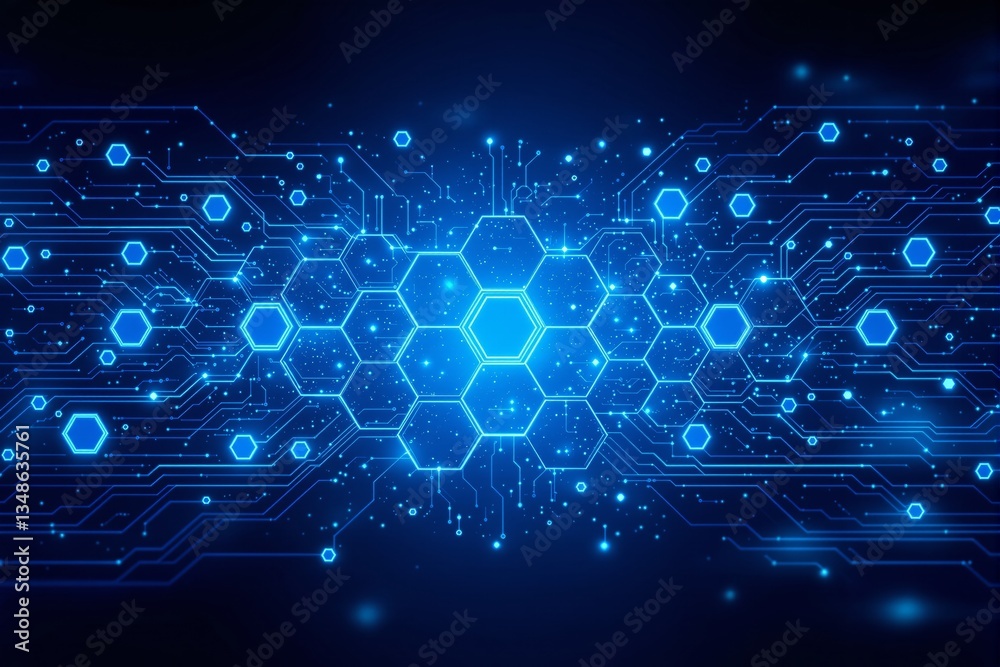 Poster futuristic glowing hexagonal digital network with circuit connections.