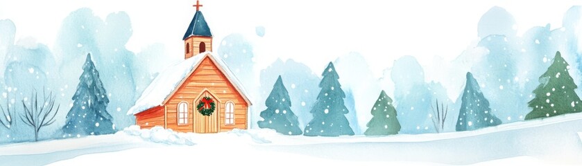 A cozy church surrounded by snow-covered trees, evoking a serene winter landscape with a gentle, peaceful atmosphere.