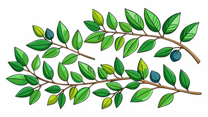 Twigs with green leaves (Cotoneaster lucidus) in a line arrangement isolated on white background