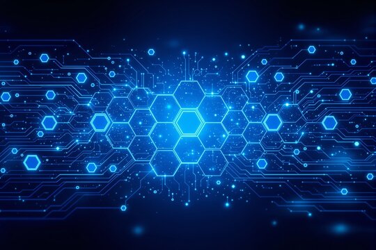 Futuristic glowing hexagonal digital network with circuit connections. - Powered by Adobe