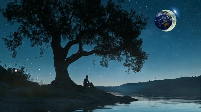 a young man sitting under a tree on the river bank enjoying the beautiful night view. seamless looping time-lapse virtual 4k video Animation Background.	