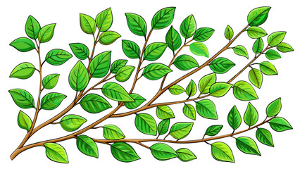 Twigs with green leaves (Cotoneaster lucidus) in a line arrangement isolated on white background