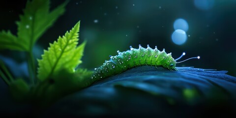 Naklejka premium Close-Up of Green Caterpillar on Leaf with Dew Drops in Nature