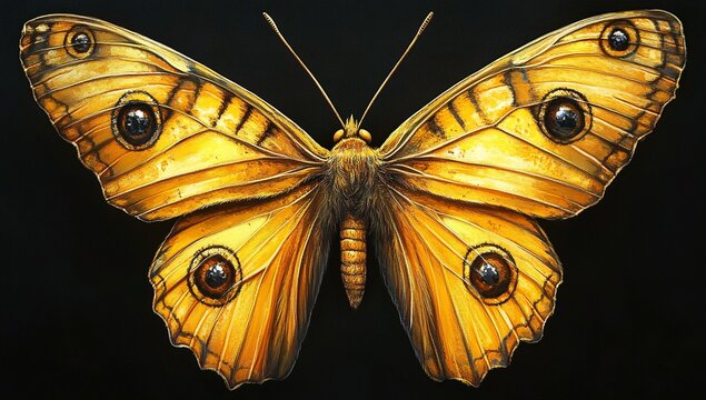 Close-up of a vibrant yellow butterfly with intricate details, set against a stark black background. The striking contrast creates a dramatic and captivating image.