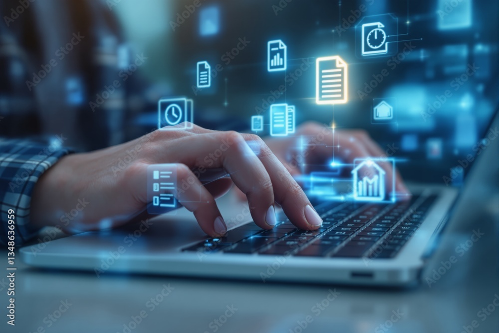 Poster Digital data management with futuristic interface on laptop.