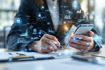 Business professional using smartphone with digital data icons.