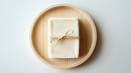 A blank paper-wrapped bar of soap, placed on a light wooden dish, conveying an eco-conscious and natural aesthetic.