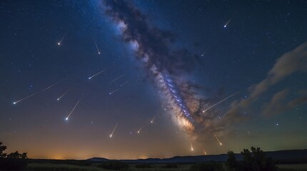 Meteor shower illuminating the night sky over a dark landscape