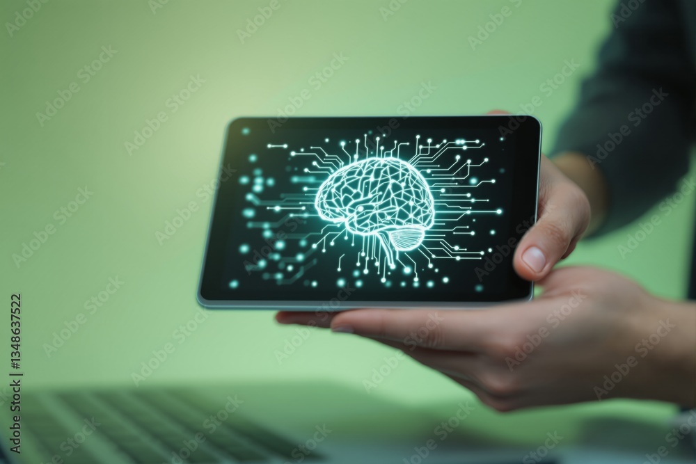 Poster digital brain hologram displayed on tablet held by hands, illustrating artificial intelligence and f