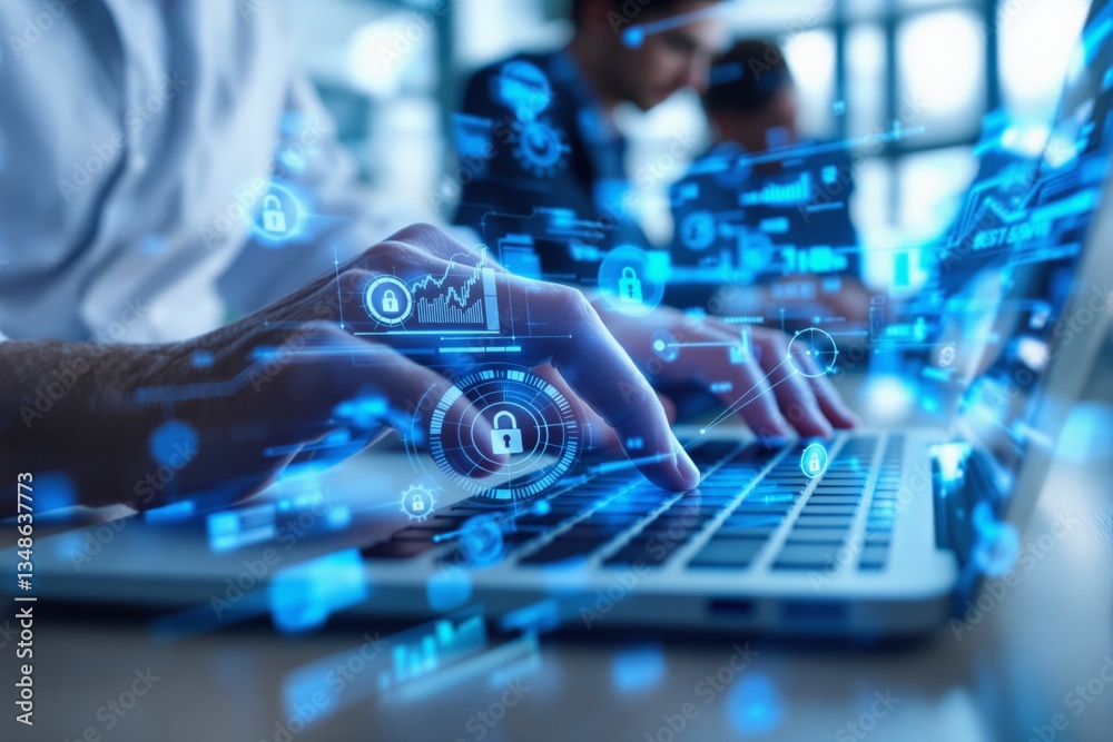Aufkleber Cybersecurity and data protection concept with a person typing on a laptop, surrounded by futuristic digital security icons and holographic elements.