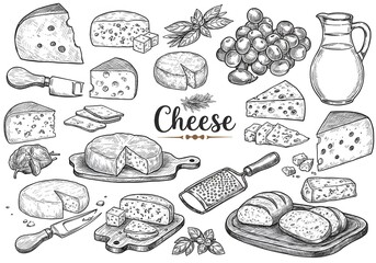 A Delicious Collection of Hand-Drawn Cheese Illustrations: Variety of Cheeses, Grapes, Bread, and Herbs