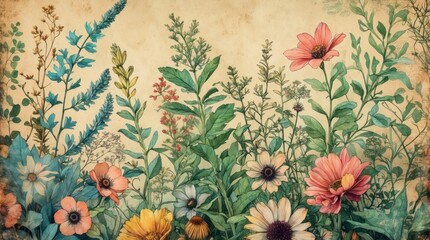 Vintage Floral Meadow Botanical Art Print Wall Decor