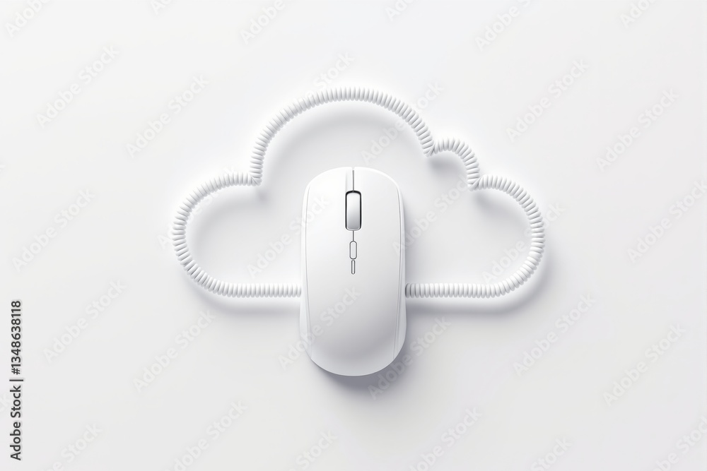 Poster White computer mouse with cord shaped as a cloud on a white background. Concept of cloud computing, online storage, and digital connectivity.