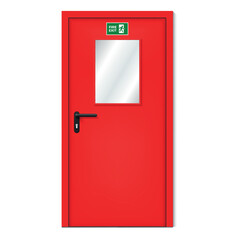 A bright red emergency exit door with a glass window and a clear fire exit sign, designed for quick access to the street in emergency situations.