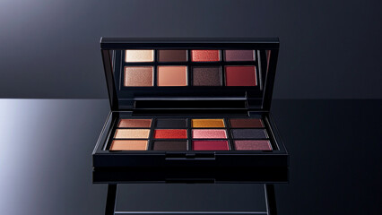 Design a visually stunning eyeshadow palette featuring a harmonious array of richly pigmented shades, ranging from soft neutrals to bold, vibrant tones, presented in an elegant case that inspires 