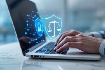 Cybersecurity and digital law concept with glowing shield icons on a laptop.