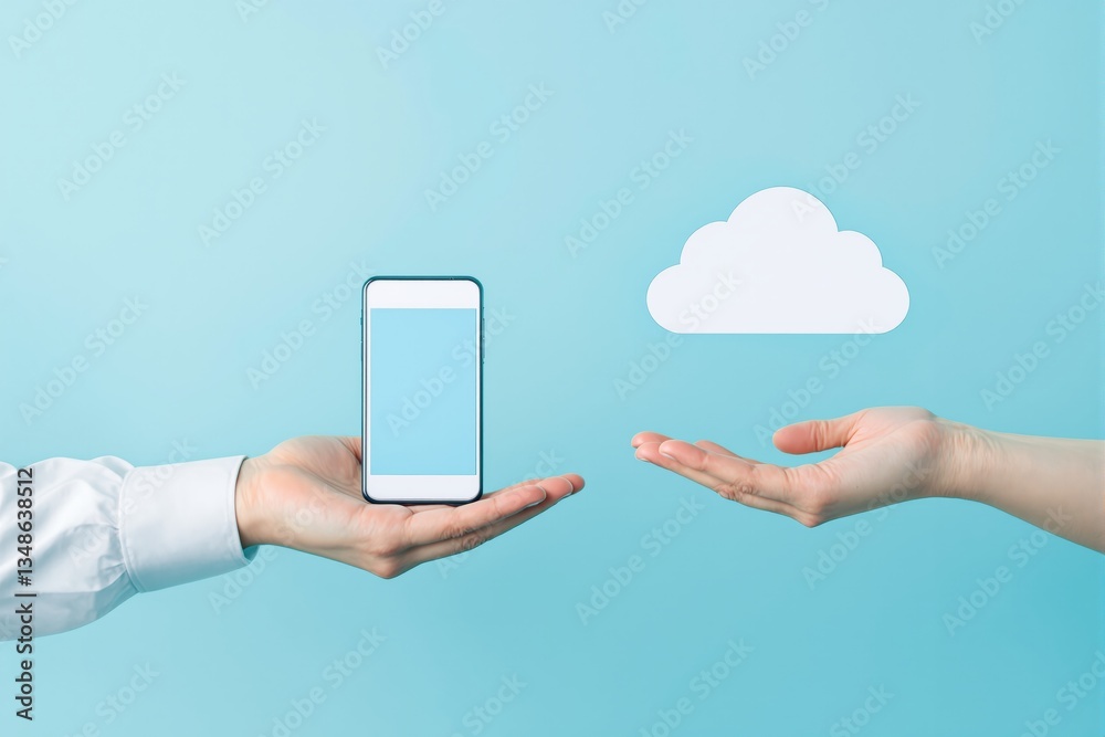 Aufkleber concept of cloud technology with smartphone and hands on blue background.