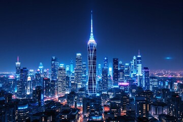Futuristic city skyline with neon-lit skyscrapers at night.