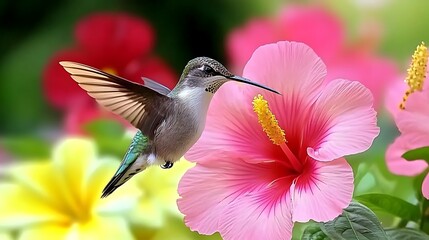 Naklejka premium A Hummingbird Hovers Near A Pink Flower With Its Wings Spread