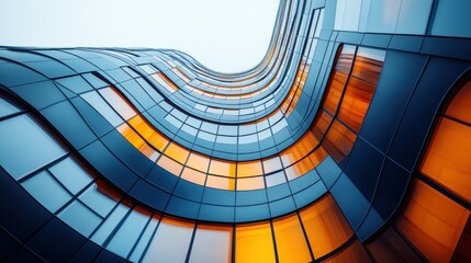 Modern, curved skyscraper facade with illuminated windows