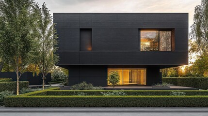 Modern Minimalist Black Building with Geometric Design and Lush Trees at Dusk in Urban Landscape