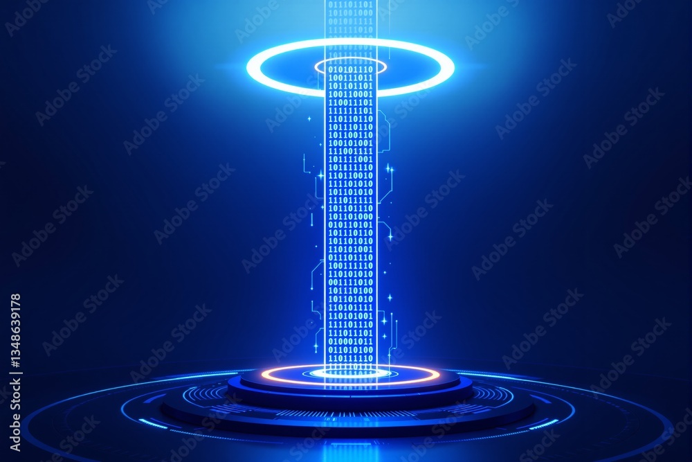 Aufkleber futuristic digital teleportation with binary code and glowing blue technology.