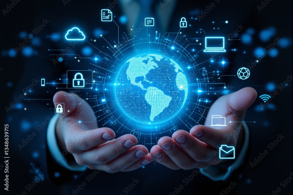 Poster futuristic digital globe with cybersecurity icons in hands.