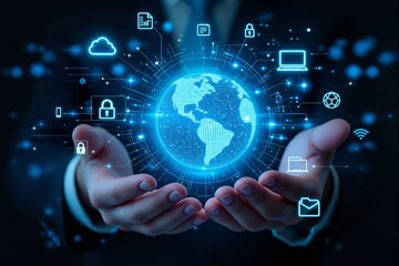 Futuristic digital globe with cybersecurity icons in hands.